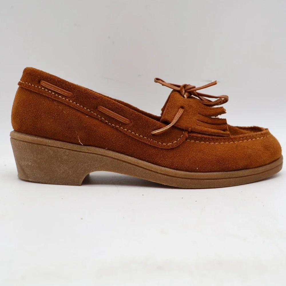 Young Ones Loafers Youth 13 Vintage Brown Suede Kiltie Fringe Moc Toe Wedge